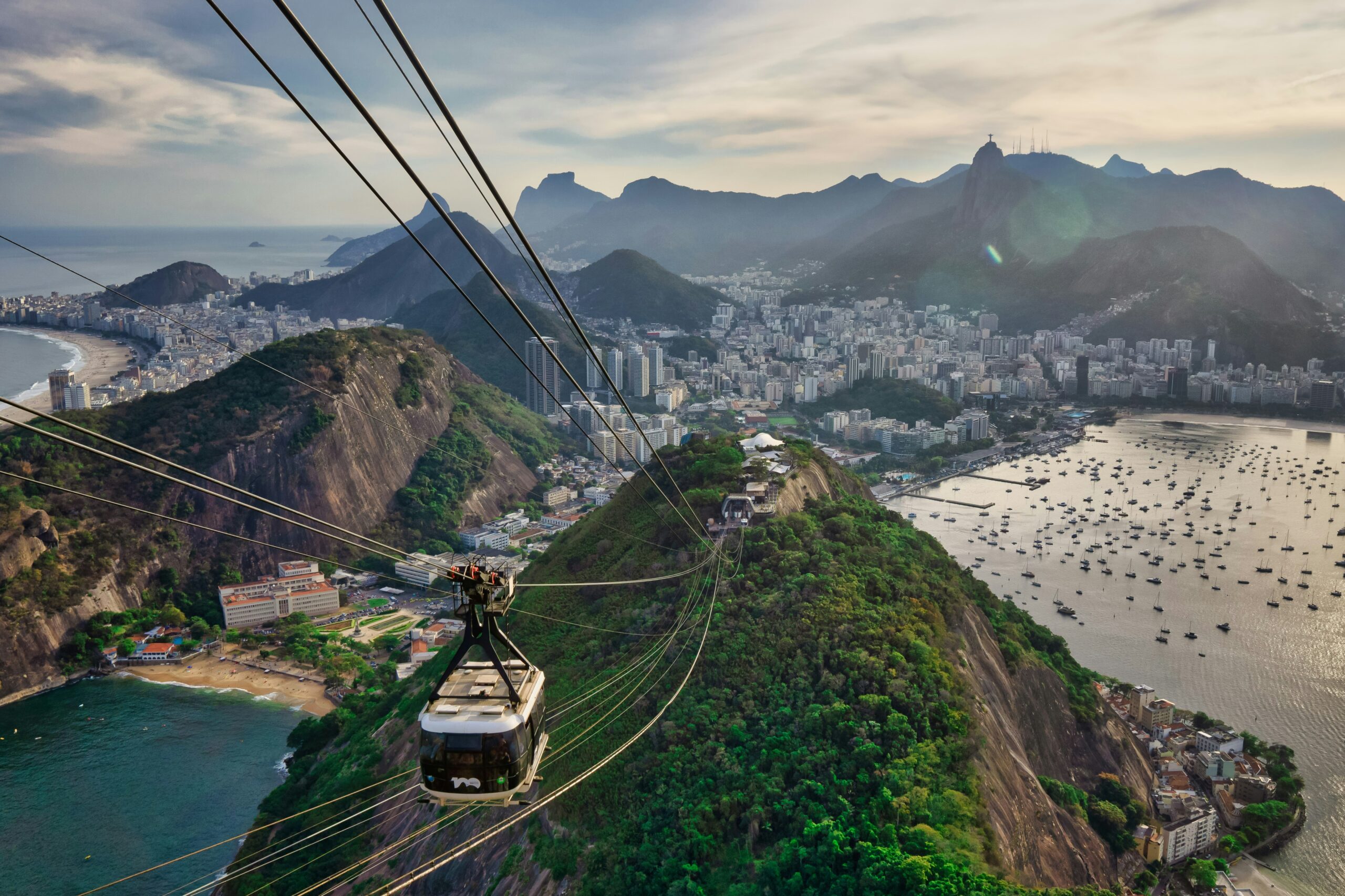 Cable car hanging above a Brazilian city.